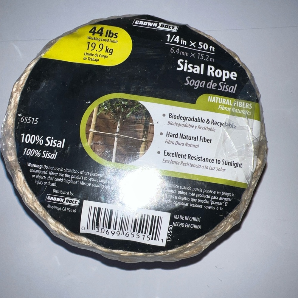 Sisal Rope 1/4” x 50 ft Hard Natural Fiber Rope Crown Bolt Rope